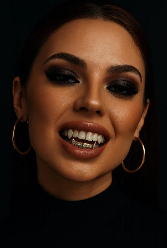 Editorial close-up wearing a slim gold grillz bar for premium red-carpet smile styling.
