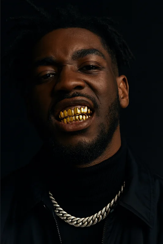Studio portrait wearing full gold grillz and a chain.